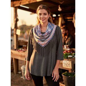 Gray 3/4‎ Sleeve Tunic With Paisley Pattern Fringe Scarf By OneWorld S